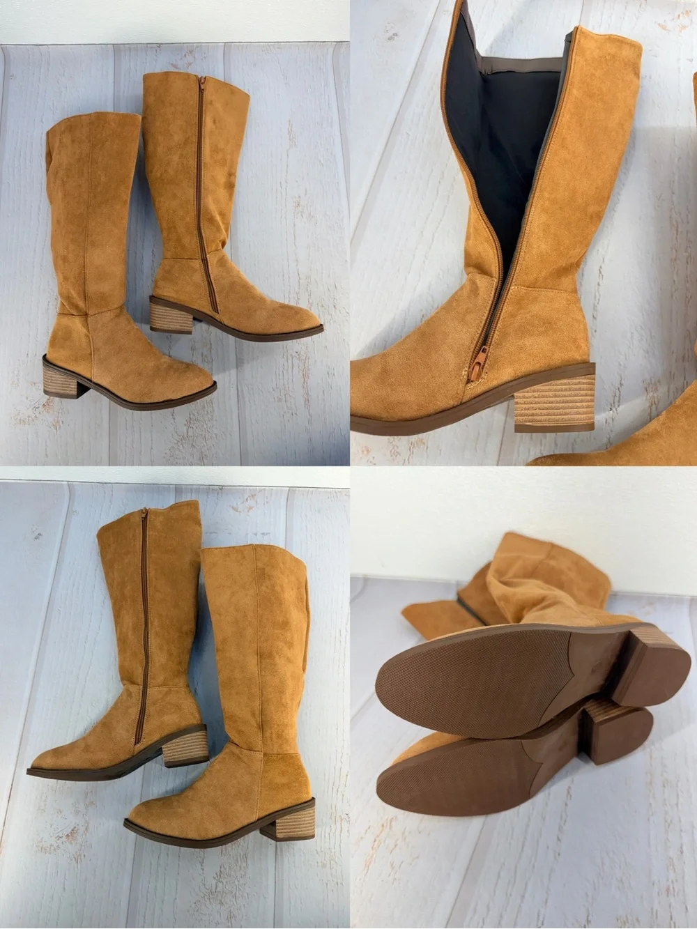 Women’s Tan Faux Suede Knee High Boots Block Heel Size 38 NWOT